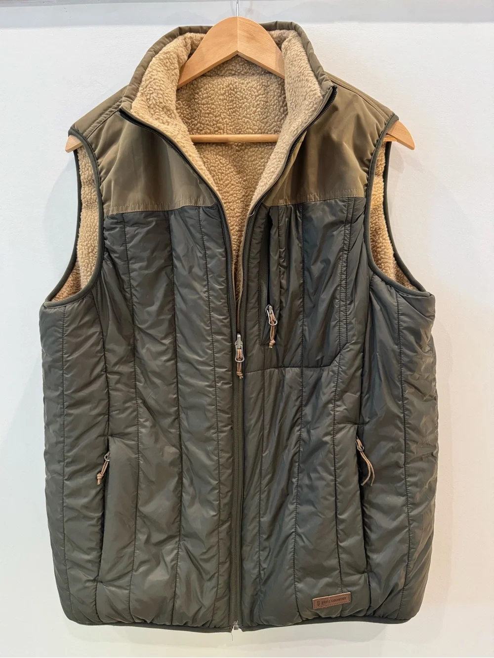 Free Country Reversible Sherpa Puffer Vest Olive Tan Full Zip Mens